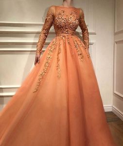 Moslim Avondjurken A-lijn Lange Mouwen Tule Applicaties Beaded Dubai Saoedi-Arabische Elegante Prom Dress Custom Made Robe de Mariée