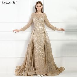 Muslimische Gold Meerjungfrau Lange Luxus Glitzer mit Zug Abendkleider Kleider Party Wear für Frauen 2020 Serene Hill LJ201123