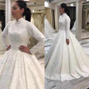 Moslim High prachtige nek trouwjurken bruidsbaljurk met lange mouwen pailletten kanten aplique sweep trein op maat gemaakte plus size vestido de novia 403