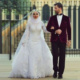 Robe De mariée sirène musulmane, col haut, manches longues, arabe dubaï, avec des Appliques élégantes en dentelle, robe De mariée saoudienne