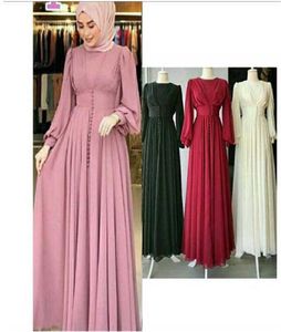 Moslim Hijab Dr2021 Vrouwen Effen Knop Chiffon Eid Mubarak Feestavond Lange DrArabische Turkse Islamitische Kleding X080323053007613