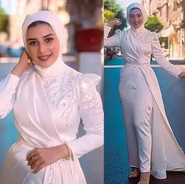 Moslim hijab jumpsuit A-lijn trouwjurken kristallen kralen afneembare rok lange mouwen hoge nek Arabisch islamitische vestidos de novia