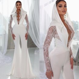 Moslim jumpsuit elegante jurken kanten v nek mouwen satijnen bruiloft jumpsuits plooien lange designer bruidsjurken vegen treinen