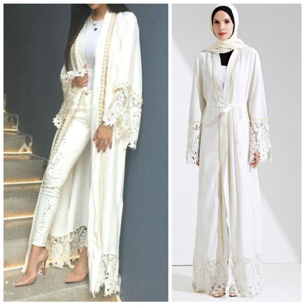 Musulman Dentelle Maxi Robe Abaya Broderie Cardigan Perle Longues Robes Tunique Kimono Jubah Moyen-Orient Ramadan Arabe Islamique Clothing2398