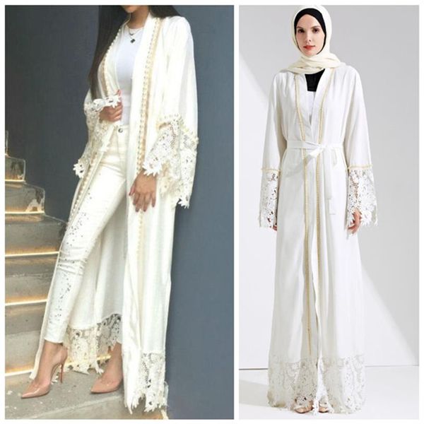 Musulman Dentelle Maxi Robe Abaya Broderie Cardigan Perle Longues Robes Tunique Kimono Jubah Moyen-Orient Ramadan Arabe Islamique Vêtements322m