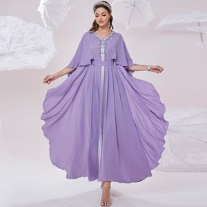 Robe de soirée musulmane lilas Caftan Marocain 2022 avec manches à cape sexy col en V Abaya Dubaï robes de bal élégantes robes de soirée formelles Midi Abiti Da Sera