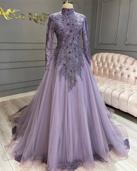 Robe de bal musulmane lilas lavande, manches longues, élégante princesse, tenue de soirée pour femmes, turquie, occasions sur mesure, 2023