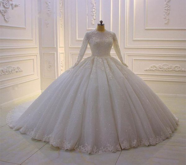 Musulman à manches longues 2020 robe de bal robe de mariée robes de mariée bijou cou à lacets dos appliqué paillettes grande taille robe de mariee2017180