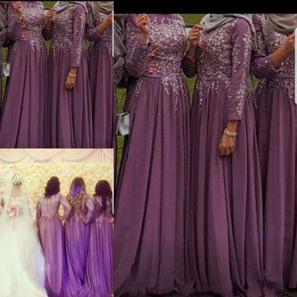 Robes de demoiselle d'honneur musulmanes à manches longues 2018 Appliques de dentelle en mousseline de soie Robes de demoiselle d'honneur Fermeture éclair au dos Longueur au sol Robes de soirée en Arabie Saoudite