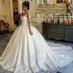 Moslim lange mouwen satijnen trouwjurken 2020 bal bruidsjurk gewaad mariiee bruiloft jurk trein vestidos de boda