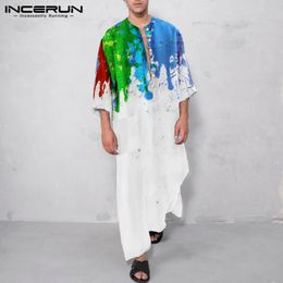 Moslim Mannen Kaftan Lange Mouwen Knop Zakken Tie Dye Gedrukt Gewaden Leisure Islamitische Arabische Jubba Thobe Dubai Abaya S-5XL INCERUN