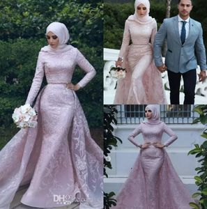 Robe De Soirée Mermaid Musulman Col Haut À Manches Longues En Dentelle Robe De Bal Avec Train Détachable Saoudien Arabe Formal Zuhair Murad Robes De Soirée