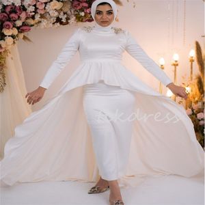 Moslim zeemeermin trouwjurken met overks tot trein 2024 zijden satijnen hoge nek lange mouw dubai arabische bruidsjurk kralen moslimah bruid jurk grecian mariage chic chic