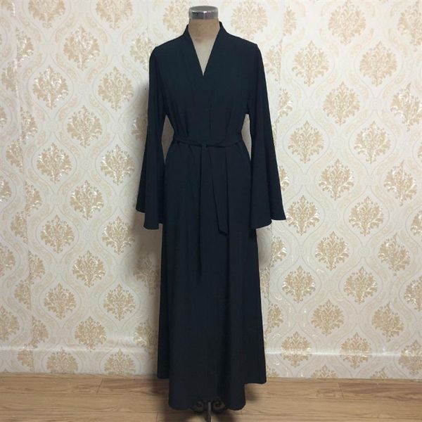 Musulman Nouvelle Mode Abayas pour Femmes V-cou Lâche De Base Noir Robe Musulmane Femmes Manches Complètes Taille Ceinture Ouvert Abaya Sans Hijab2470