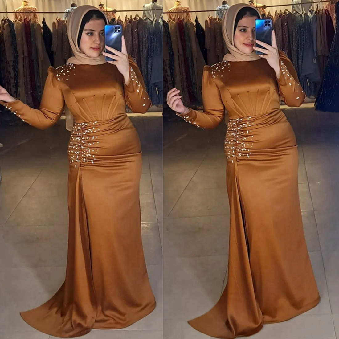 Vestidos musulmanes de color naranja para madre de la novia, sirena, cuello alto, manga larga, vestidos para madres con cuentas, vestidos de novio M150
