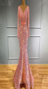 Moslim roze zeemeermin Luxe avondjurken Sparkly V Neck Lange Mouw Prom -jurken voor vrouwen Crystal Party Club Wear Outfit7336843