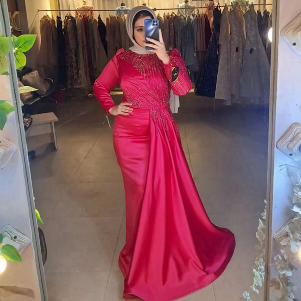 Vestidos rojos musulmanes para madre de la novia, sirena, cuello alto, mangas largas, vestidos para madre con cuentas, vestidos de novio, vestido de satén elástico M150