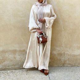 Moslim Satijn Eid Open Abaya Dubai Bubble Mouw Flowy Turkse Jurken Kaftan voor Vrouwen Islamitische Kleding Kimono Femme Musulmane 220273m