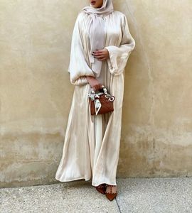 Musulman Satin Eid ouvert Abaya Dubaï manches à bulles robes turques fluides caftan pour femmes vêtements islamiques Kimono Femme Musulmane 240103