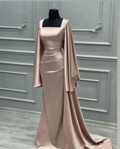 Robe de soirée sirène en satin musulman, manches longues, col carré, champagne, robes d'occasion de mariage, robes de bal arabes de Dubaï pour femmes 240401