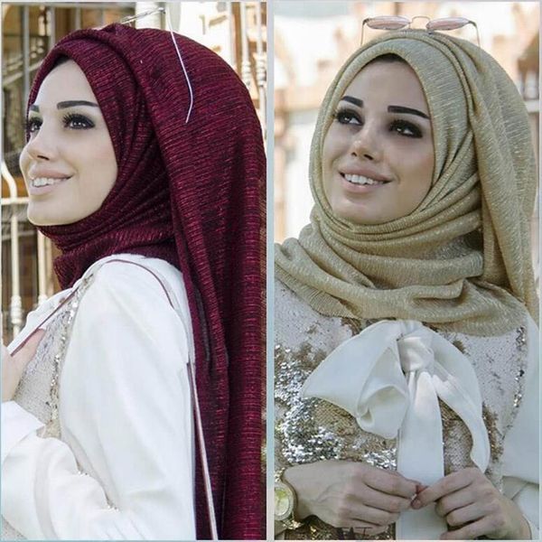 Sciarpa musulmana Tinta unita Panno Moda Hijab Filo d'oro Piega Pianura Hijab Paillettes lady girls articoli musulmani molti colori puri offrono scegliere