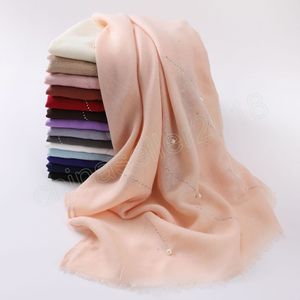 Moslim Sjaal Vrouwen Strass Parel Hoofddoek Effen Kleur 175*70 cm Foulard Vrouwelijke Handgemaakte DIY Hijab