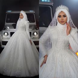 Robe De mariée musulmane à paillettes, col haut, sur mesure, avec perles, manches longues, brillante, robe De mariée arabe