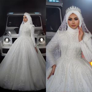 Moslim pailletten trouwjurk hoge hals bruids baljurken op maat gemaakte parel lange mouw glanzende vestido de novia Arabische bruidjurk