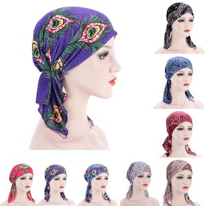 Pañuelo musulmán elástico de algodón para la cabeza, gorros de turbante, gorro hiyab con estampado étnico, gorro de quimio para el cáncer para mujeres, turbante envolvente islámico árabe