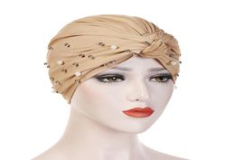 Muslim Turban Stretch Hat Braid Hijab Cap Head Wrap Hair Milk Silk perle Femmes Bandanas Fashion Accessoires9523309