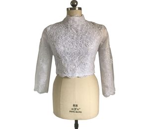 Boleros de boda musulmanes con forro chaquetas cuello alto marfil blanco manga larga encaje con cuentas chaqueta nupcial encogimiento de hombros 2017 envoltura elegante 3358261