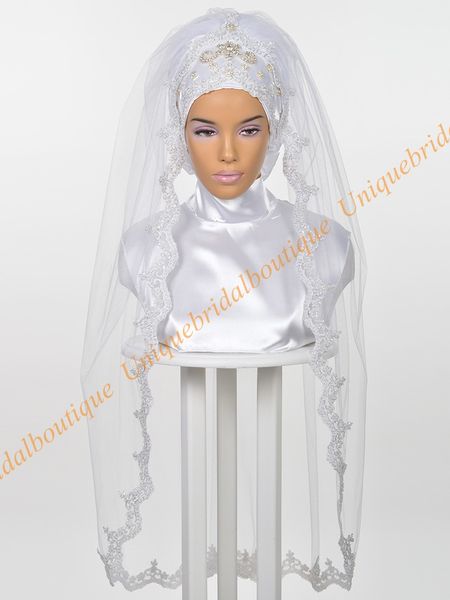 Hijab de mariée musulman de mariage 2019 avec des Appliques de dentelle de strass images réelles longueur de coude voiles de mariage islamiques sur mesure
