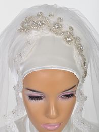 Hijab nupcial de boda musulmana 2020, cristales de diamantes de imitación, cubierta para la cabeza nupcial, turbante islámico hasta el codo para novias, hecho a medida 170B