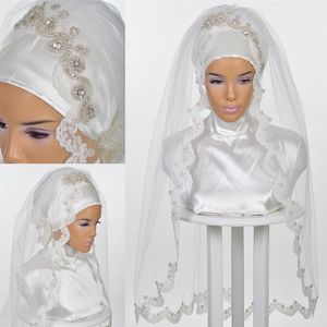 Moslimbruiloft Bridal Hijab 2020 Rhinestones Crystals Bruidal Head Covering ellebooglengte Islamitische tulband voor bruiden Custom Made269O