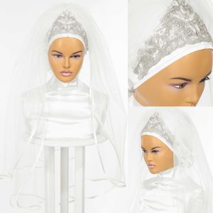 Voiles de mariée de mariage musulman 2023 strass cristaux de mariée hijab couvre-tête longueur coude turban islamique pour les mariées foulard 2 couches bord de ruban scintillant