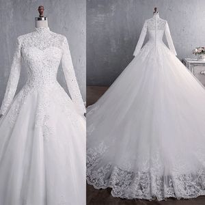 Moslim trouwjurk 2022 Elegante High Neck Princess Bruid Jurken Crystal kralen Luxe kanten borduurwerk trouwjurk Vestido de noiva