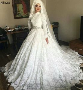 Moslim Trouwjurken Baljurk Midden-Oosten Lange Mouwen Elegante Kant Formele Dubai Arabische Bruidsjurken Hoge Kraag Plus Size Prinses Ceremonie Vestidos CL2344