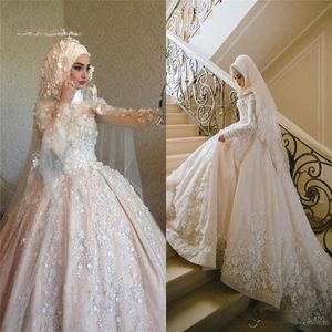 Robes de mariée musulmanes robe de bal nuptiale 3d applique florale en dentelle en dentelle à manches longues de balayage