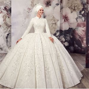 Vestidos de novia musulmanes Vestido de fiesta de Dubái Cuello alto Apliques de encaje Vestido de novia de manga larga Hasta el suelo Vestidos de novia de lujo