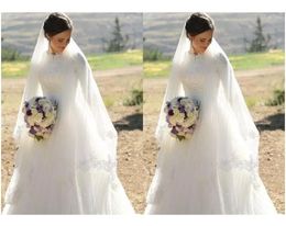 Robes de mariée musulmanes col haut demi-manches Appliques Satin Tulle longueur de plancher robes de mariée modestes robes de mariée fermeture éclair
