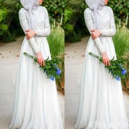Robes de mariée musulmanes imple blanc pur cristal perlé col haut manches longues en mousseline de soie 2019 robes de mariée islamiques 2429