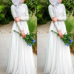 Vestidos de novia musulmanes con hiyab Simple blanco puro con cuentas C rystals Escote alto Manga larga Gasa Islámica Vestido de novia 311s