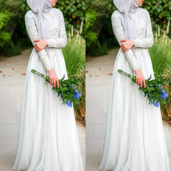 Robes de mariée musulmanes avec Hijab Simple pur blanc perlé cristaux col haut manches longues en mousseline de soie robe de mariée islamique 2437