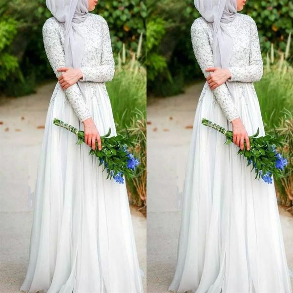 Vestidos de novia musulmanes con Hijab Simple blanco puro con cuentas C rystals escote alto manga larga gasa vestido de novia islámico 294Z