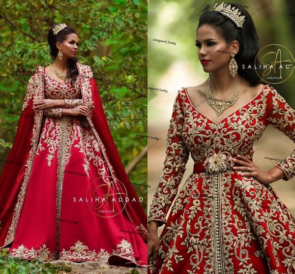 Vestidos de novia musulmán con capa de chal Cordón rojo de oro Embrodía de manga larga Marruece Kaftan islámica Dubai Vestido nupcial