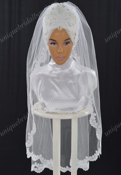 Velo de boda musulmán con perlas y apliques de encaje fotos de modelo real listos para usar nupcial hijab codo longitud hazir gelin turban3041446