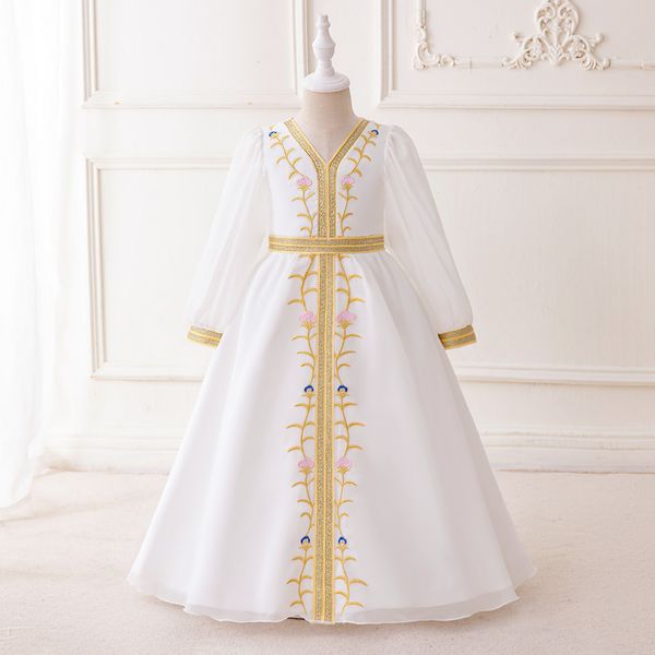 Robes de concours de beauté pour filles à manches longues et col en V blanc musulman Robes de demoiselle d'honneur Robes d'anniversaire/de fête pour filles Jupes de tous les jours Vêtements pour enfants SZ 2-10 D326172