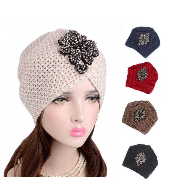 Femmes musulmanes croix strass hiver chaud laine tricot Turban chapeau bonnet sommeil chimio chapeaux patients atteints de cancer cheveux accessoires Y0911