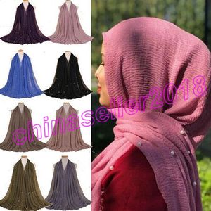 Femmes musulmanes Hijab écharpe châle tête enveloppement plaine froissé coton Maxi perles perles foulard doux silencieux Turban Foulard Femme