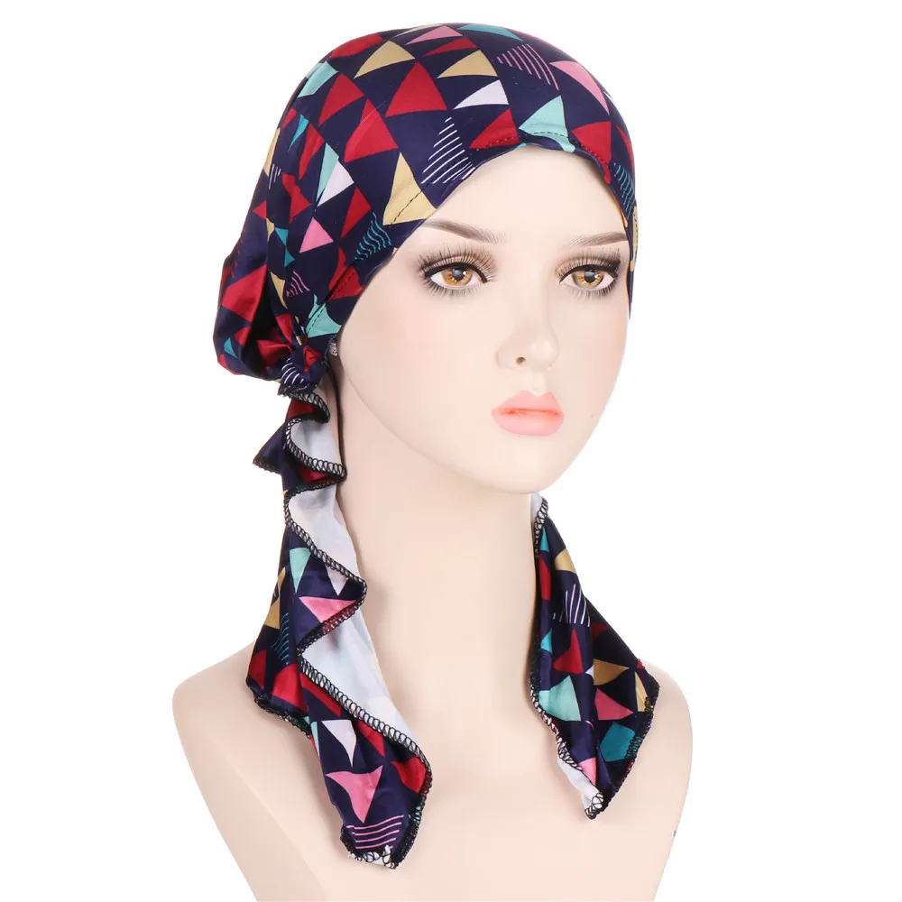 Muslim Women Printed Pre-tied Headscarf Elastic Female Turban Cancer Chemo Hat Hair Loss Cover Head Wrap Headwear Stretch Bandan